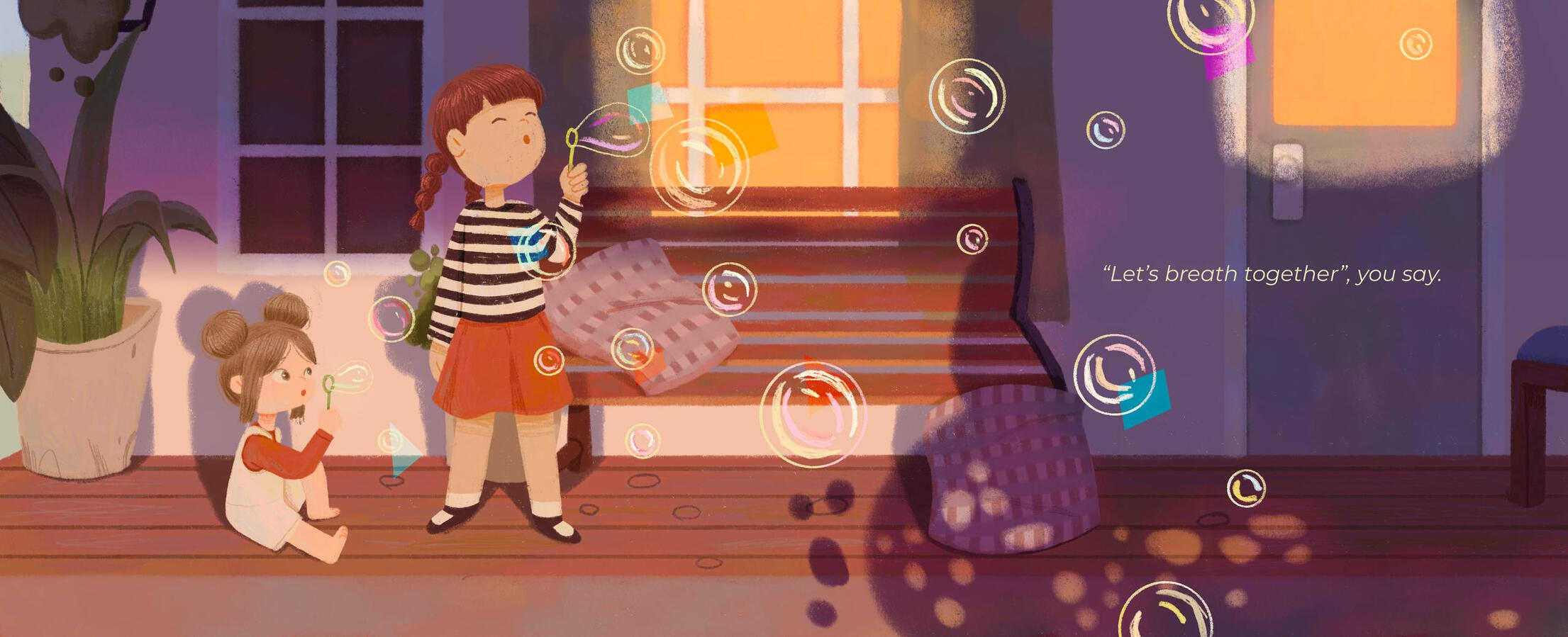 Mindfulness Two sisters blowing bubbles together
