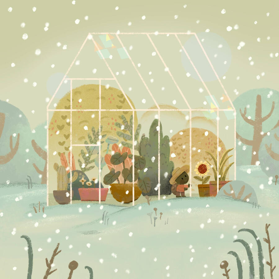 Calm A turtle in his greenhouse filled with plants, while it is snowing outside