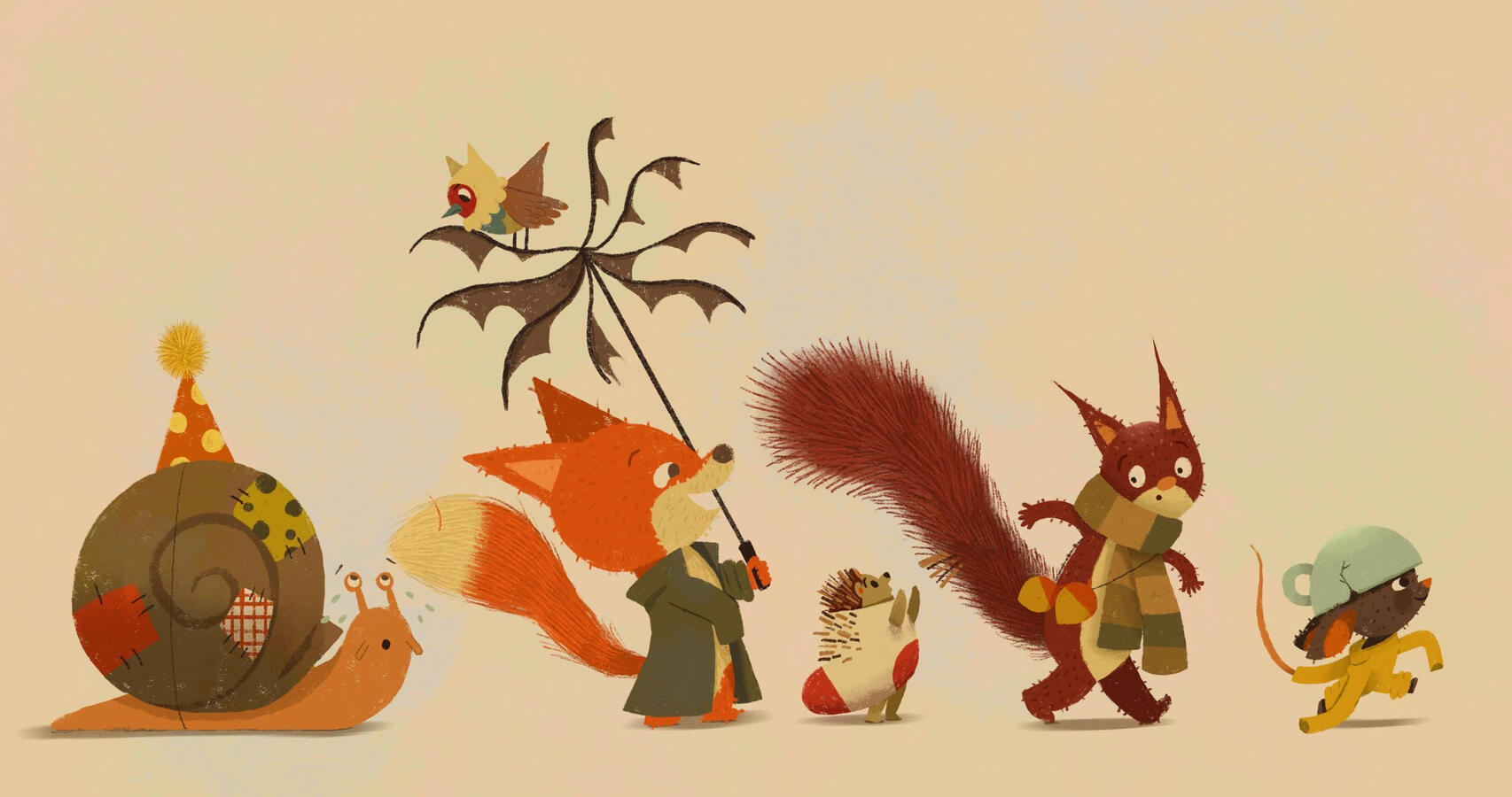 A parade An animal parade with a mouse leading the march, a squirrel behind being pinched by a hedgehog which is apologizing, followed by a fox who is laughing at the scene, a bird and a snail catching up behind
