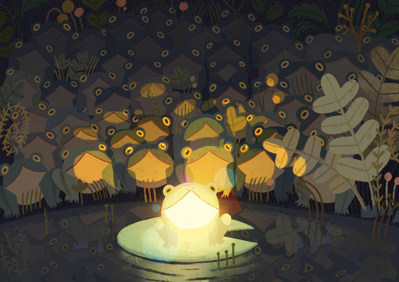 Frogs A lot of frogs reunited looking at a glowing frog