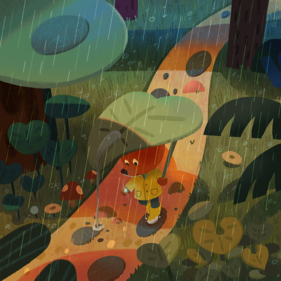 Fox glowing paw A fox walking down the rain with a leaf umbrella, looking at his paw that is beggining to glow